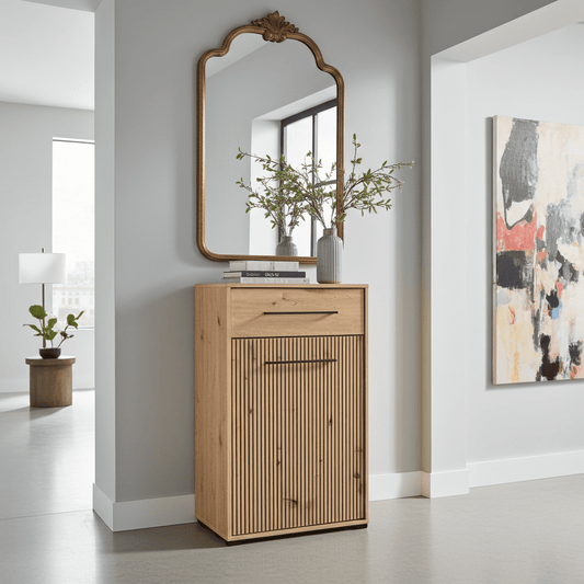 Lazlo Slatted Artisan Oak Effect Low Narrow Hallway Sideboard - 11013433 Furniture World
