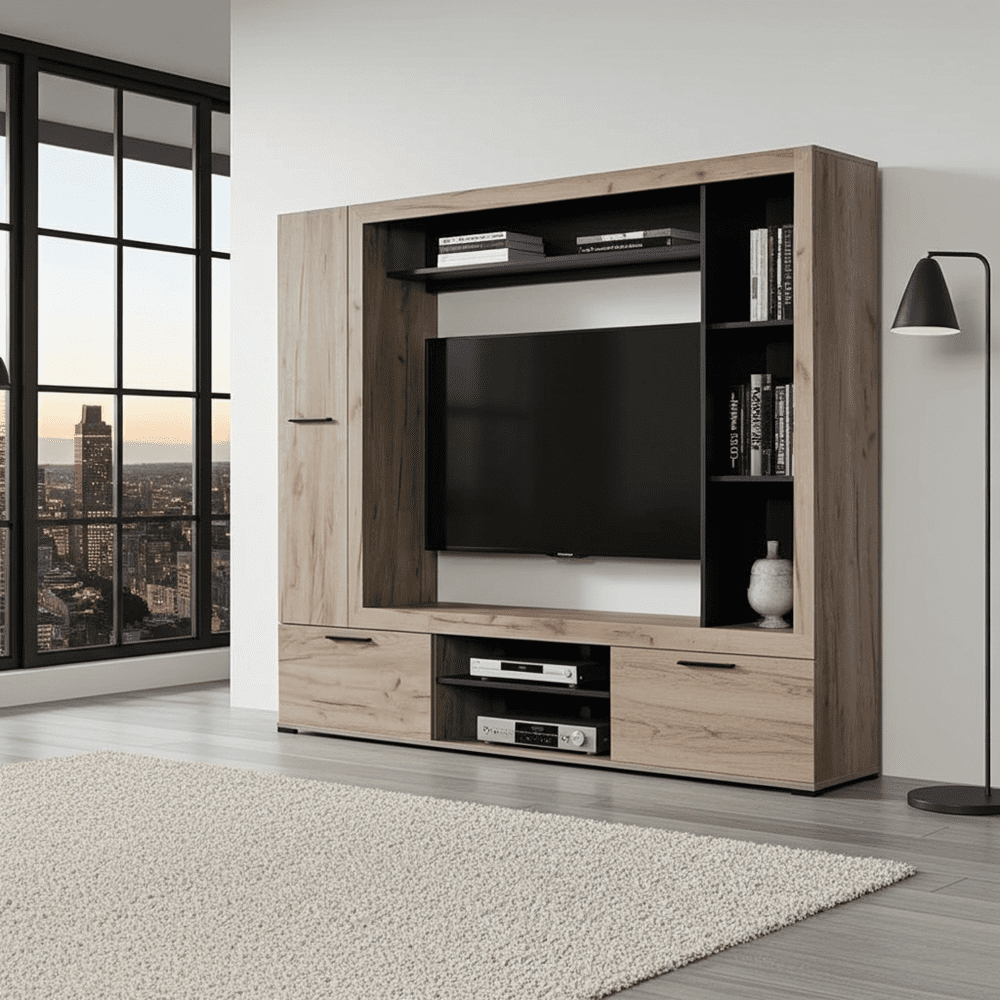 Lucerne Grey Oak Effect And Black Entertaiment Unit Wall TV Cabinet - 11014757 Furniture World