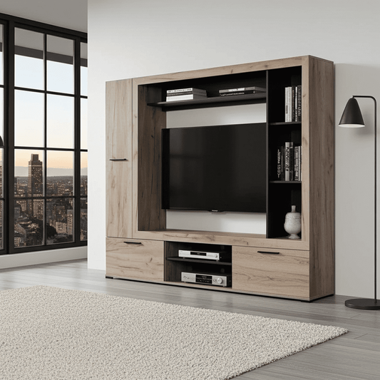 Lucerne Grey Oak Effect And Black Entertaiment Unit Wall TV Cabinet - 11014757 Furniture World