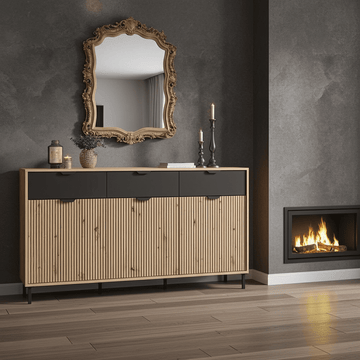 Martinique Artisan Oak Effect Slatted And Black 3 Door Sideboard - 11013359 Furniture World