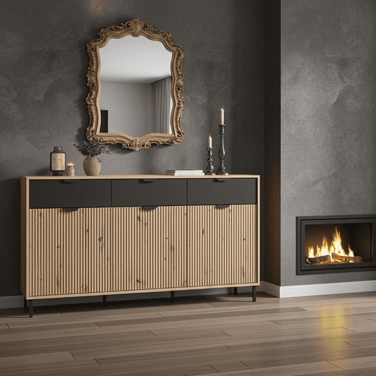 Martinique Artisan Oak Effect Slatted And Black 3 Door Sideboard - 11013359 Furniture World