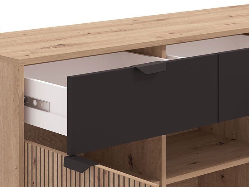 Martinique Artisan Oak Effect Slatted And Black 3 Door Sideboard - 11013359 Furniture World