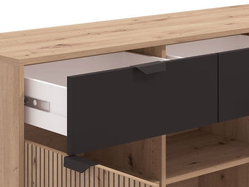 Martinique Artisan Oak Effect Slatted And Black 3 Door Sideboard - 11013359 Furniture World