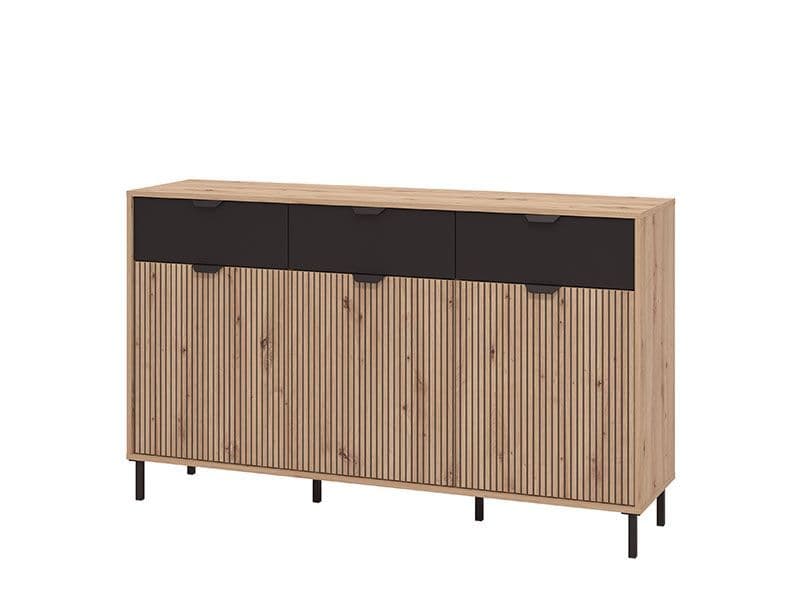 Martinique Artisan Oak Effect Slatted And Black 3 Door Sideboard - 11013359 Furniture World