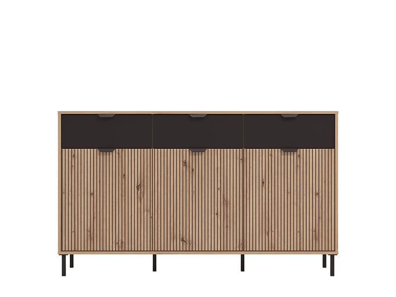 Martinique Artisan Oak Effect Slatted And Black 3 Door Sideboard - 11013359 Furniture World