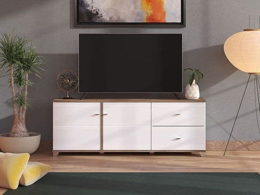 Merlot White Gloss And Warm Oak TV Unit Cabinet - 11012060 Furniture World