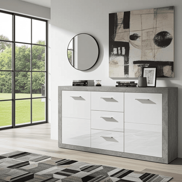 Pietra Large Sideboard Grey and White Gloss 2 DOOR, 3 DRW - 2697 Furniture World
