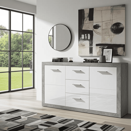 Pietra Large Sideboard Grey and White Gloss 2 DOOR, 3 DRW - 2697 Furniture World