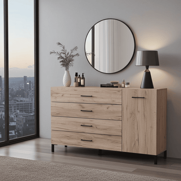Romero Oak Effect 1 Door 4 Drawer Sideboard Storage Unit - 11012346 Furniture World
