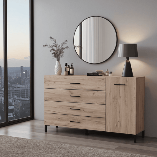Romero Oak Effect 1 Door 4 Drawer Sideboard Storage Unit - 11012346 Furniture World