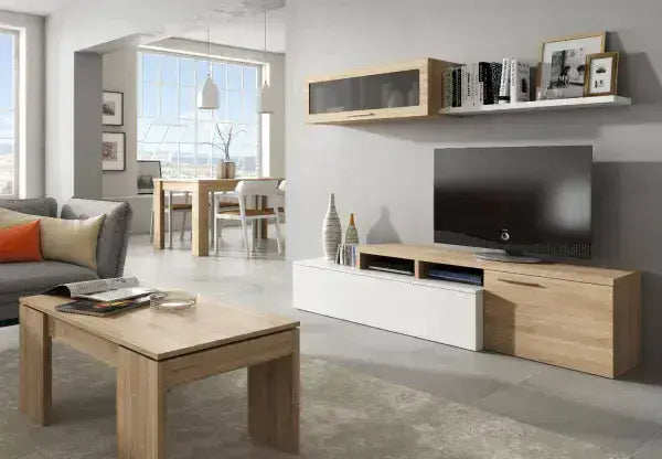 Warrington White Gloss And Oak Effect Reversible L-Shaped TV Entertainment Wall Unit Cabinet - 3296 Furniture World